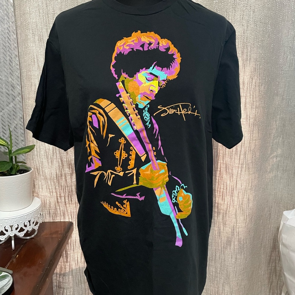 Men's Black Graphic Short Sleeve Tee with Vibrant Multicolor Guitarist Print